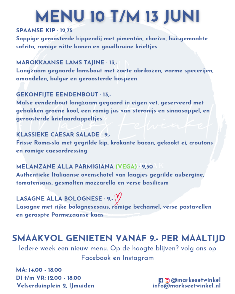 Marks eetwinkel menukaart 10 t/m 13 juni 2025